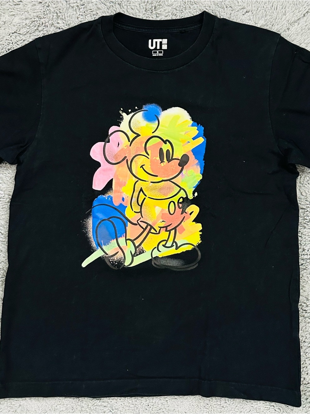 Uniqlo Black Short Sleeve Tee with Colorful Mickey Graphic